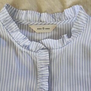 Ese O Ese Light Blue Striped Ruffle-Front Size Medium Shirt